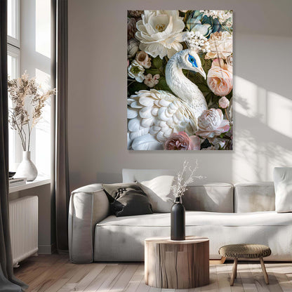 Living room with a large peacock and floral painting on the wall, a white sofa, and decorative items.