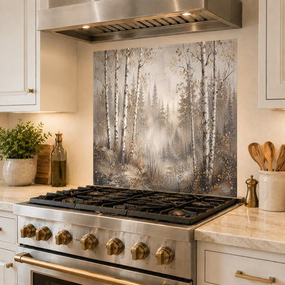 Modern kitchen design featuring Birch Mist tempered glass backsplash