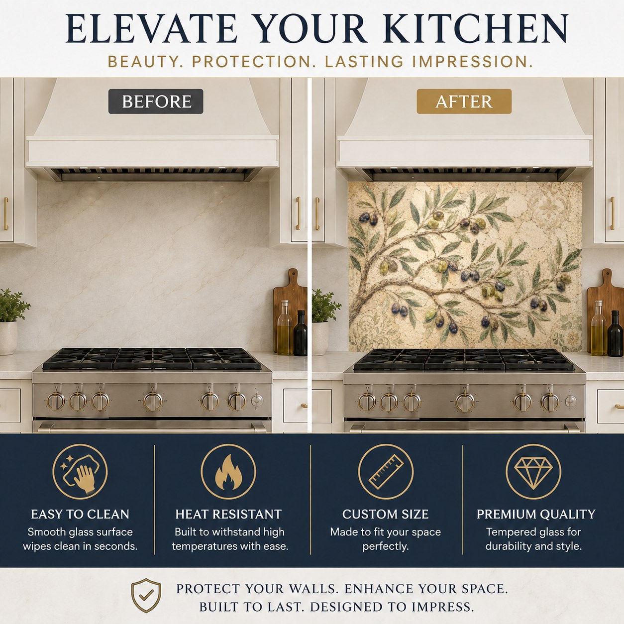 Tempered glass kitchen backsplash featuring olive trees in a luxury island kitchen