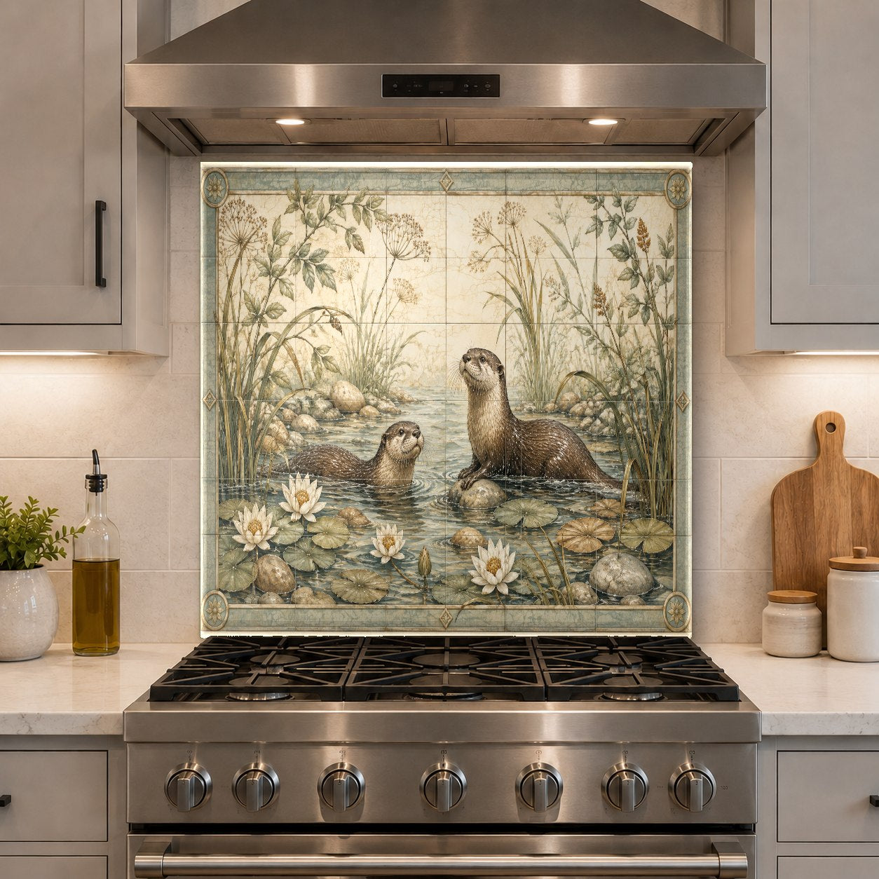 Close-up of the heat-resistant wild life glass backsplash panel mounted on a kitchen wall behind a stove.