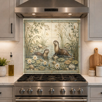 Close-up of the heat-resistant wild life glass backsplash panel mounted on a kitchen wall behind a stove.