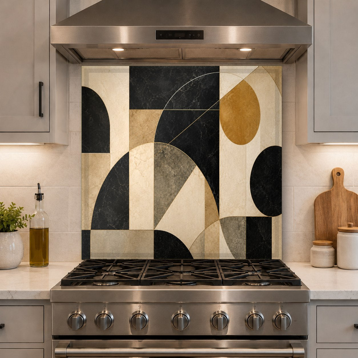 Elegant modern geometry backsplash panel mounted on a kitchen wall, replacing traditional tiled grout lines.