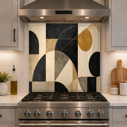 Elegant modern geometry backsplash panel mounted on a kitchen wall, replacing traditional tiled grout lines.