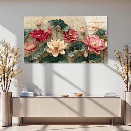 Decorative wall art of lotus flowers on a wall above a light-colored cabinet.