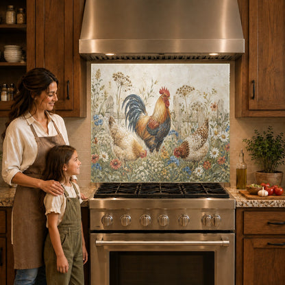 Farmhouse style rooster glass kitchen panel mounted behind a modern induction cooktop.
