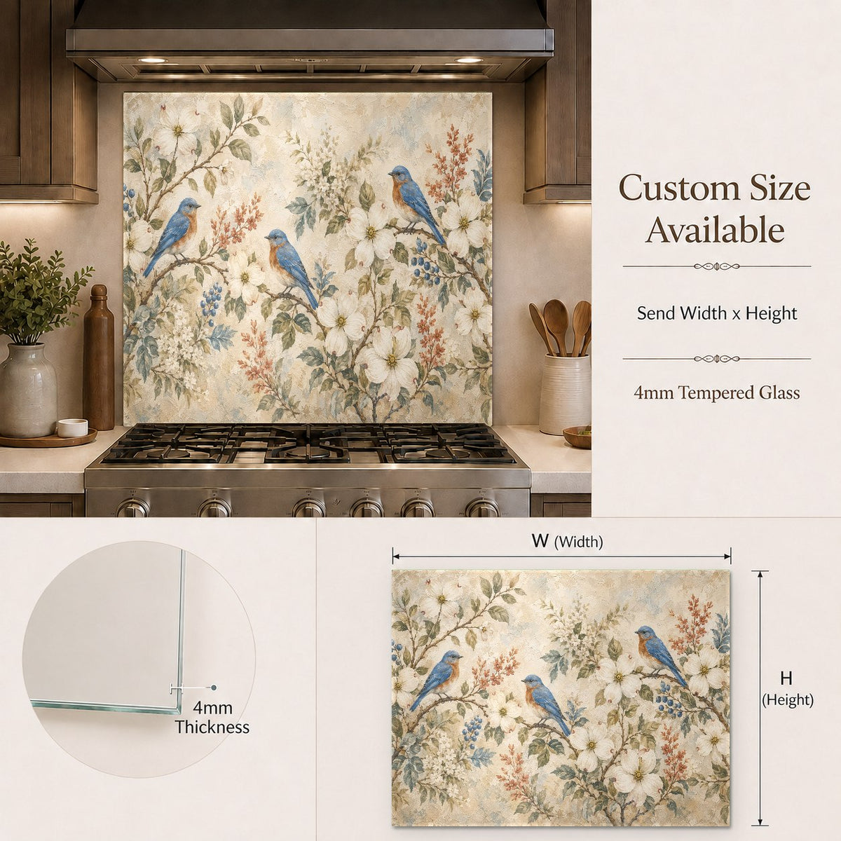 Tempered glass backsplash featuring a family of birds, installed as a focal point in a home bar area.