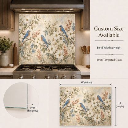 Tempered glass backsplash featuring a family of birds, installed as a focal point in a home bar area.