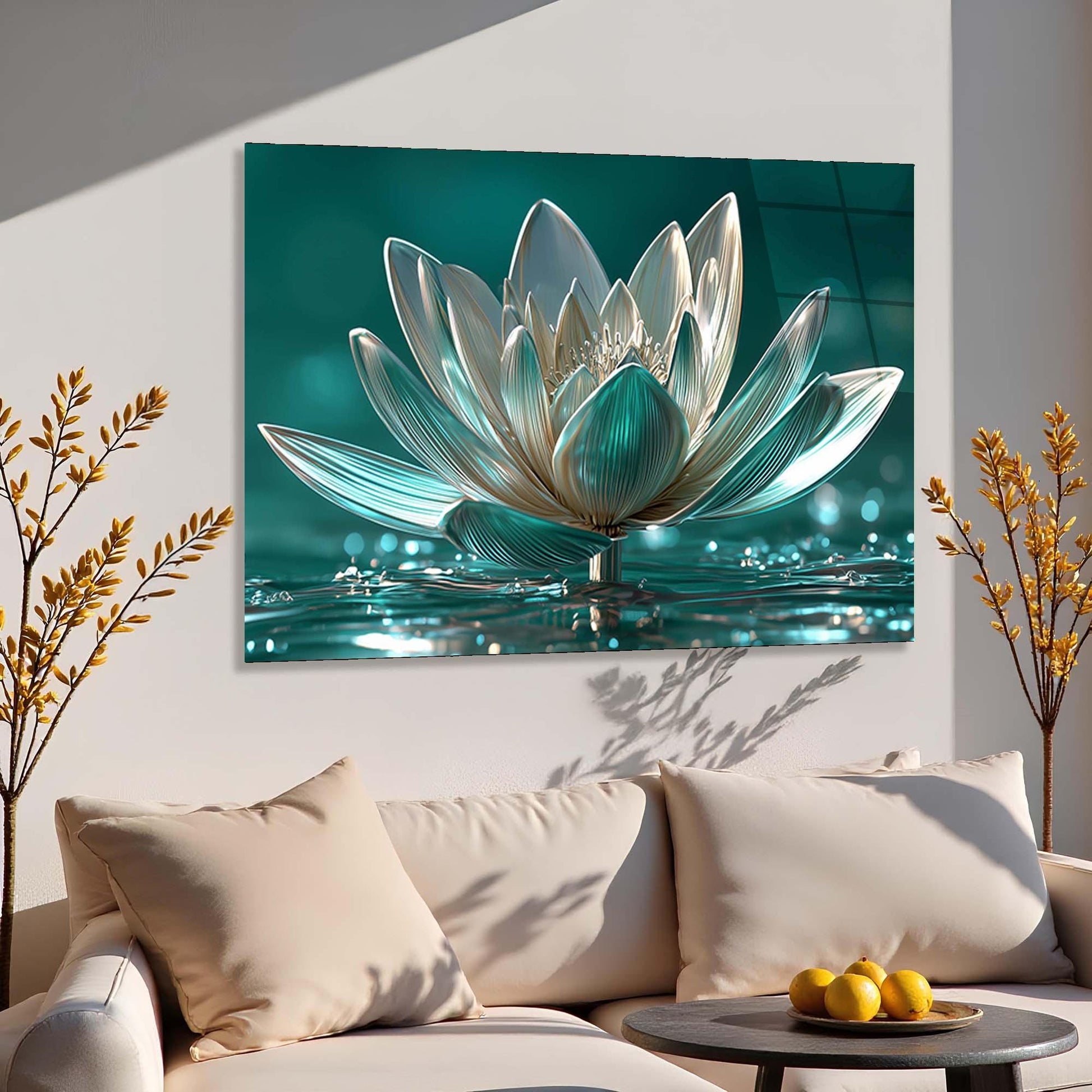 Decorative wall art of a lotus flower on a white wall above a beige sofa.