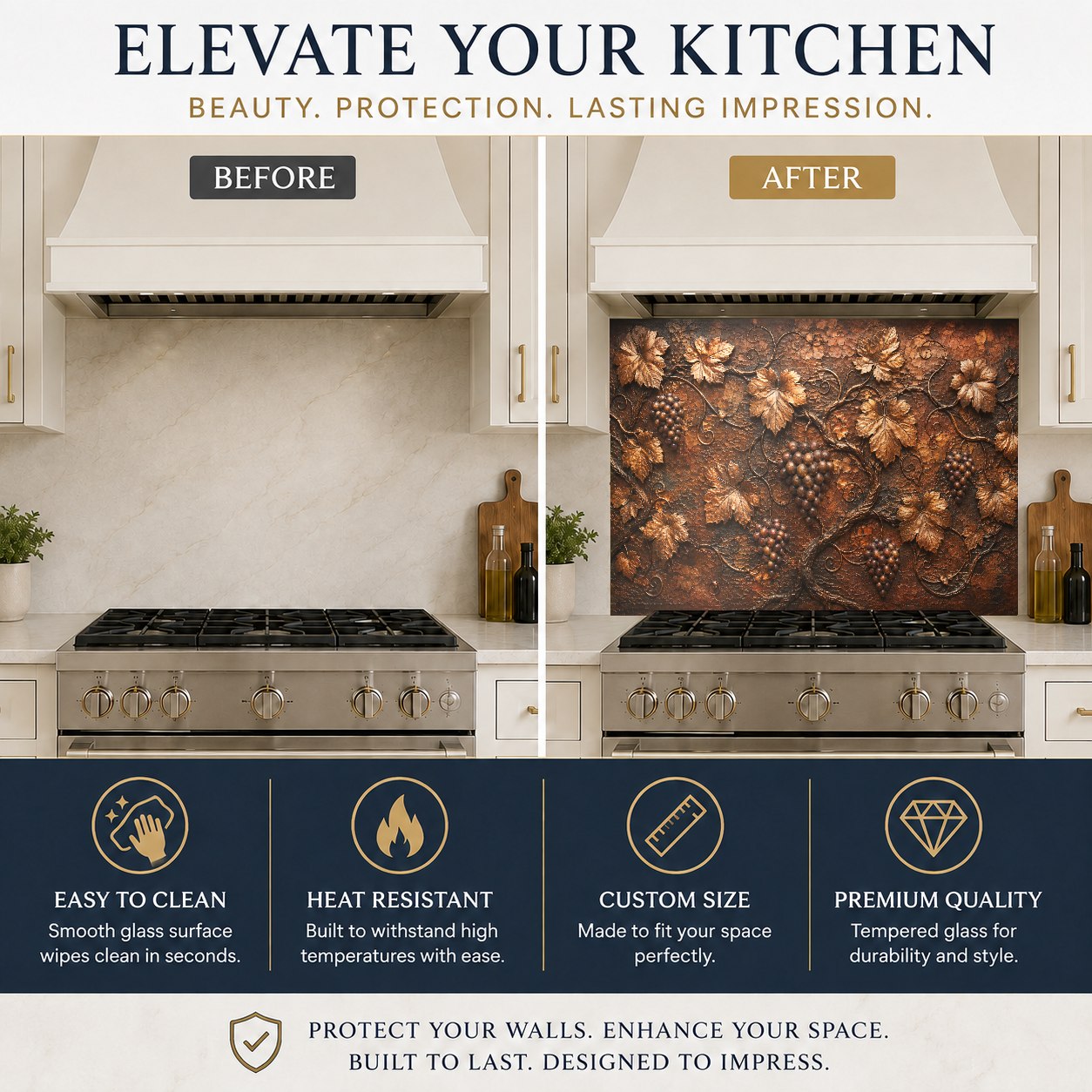 Luxury kitchen interior featuring a Bronze Vineyard glass backsplash behind the island