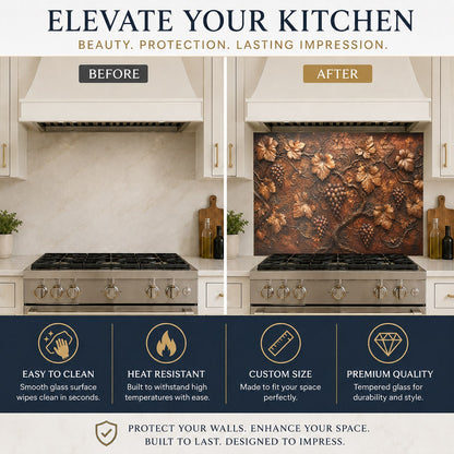 Luxury kitchen interior featuring a Bronze Vineyard glass backsplash behind the island
