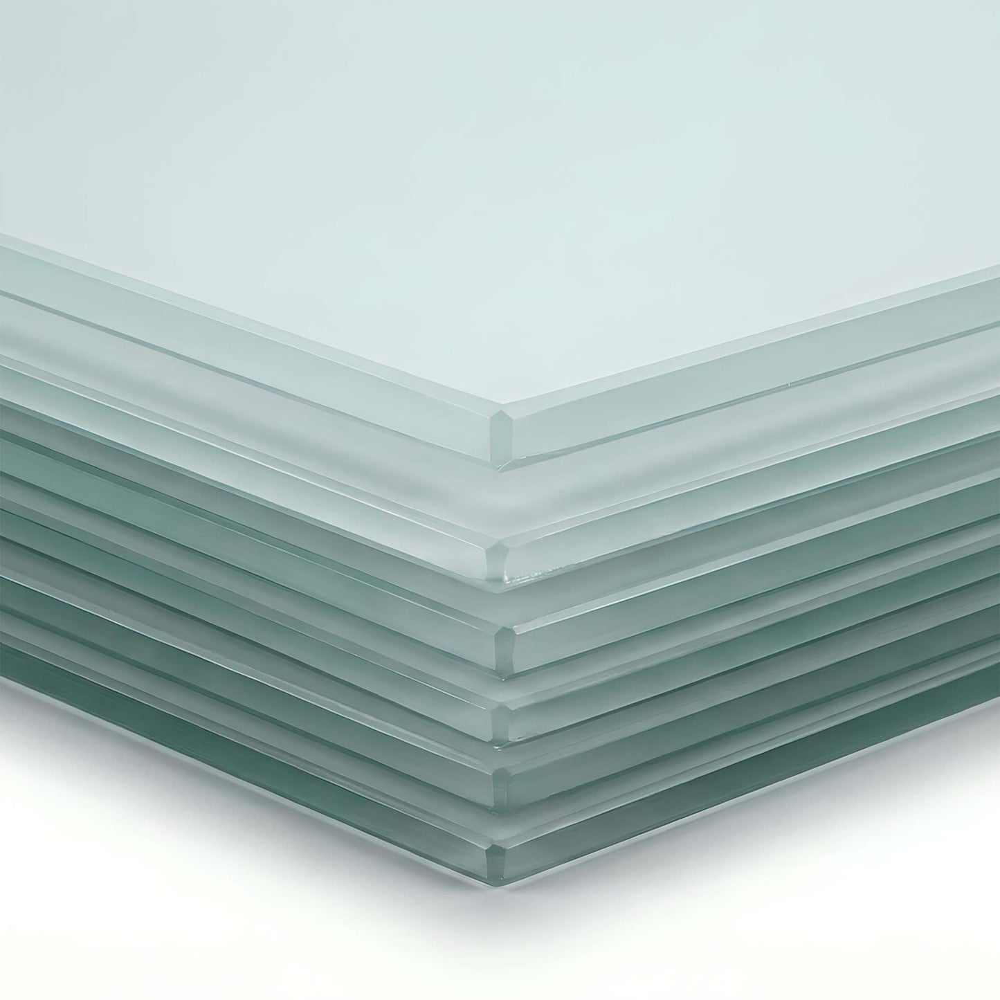 Stack of clear glass panels on a white background