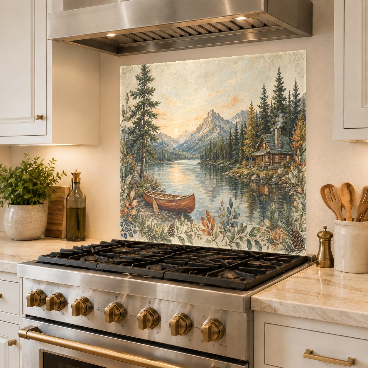 Stunning mountain lake scenery on a durable glass backsplash behind a cooktop in a log cabin kitchen.