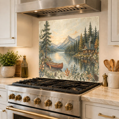 Stunning mountain lake scenery on a durable glass backsplash behind a cooktop in a log cabin kitchen.