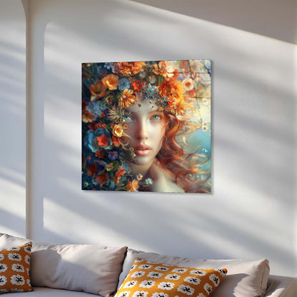 Colorful artwork of a woman with flowers on a white wall above a sofa.