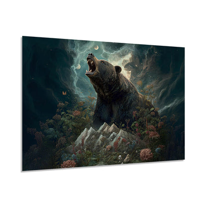 Bear roaring in a fantasy landscape with mountains and flowers