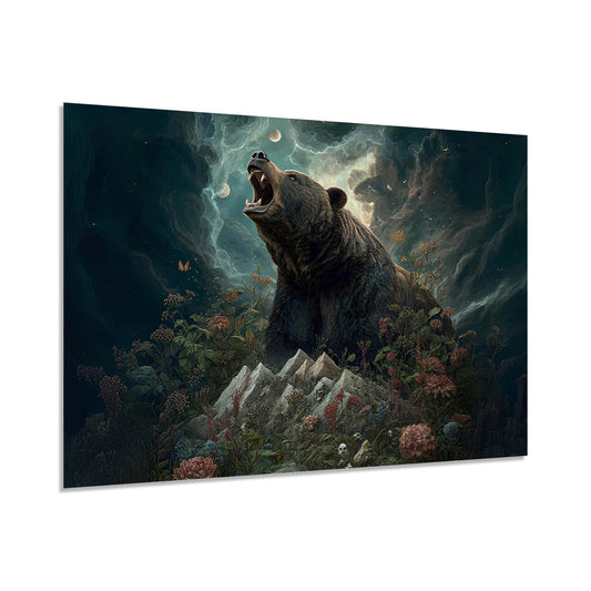 Bear roaring in a fantasy landscape with mountains and flowers
