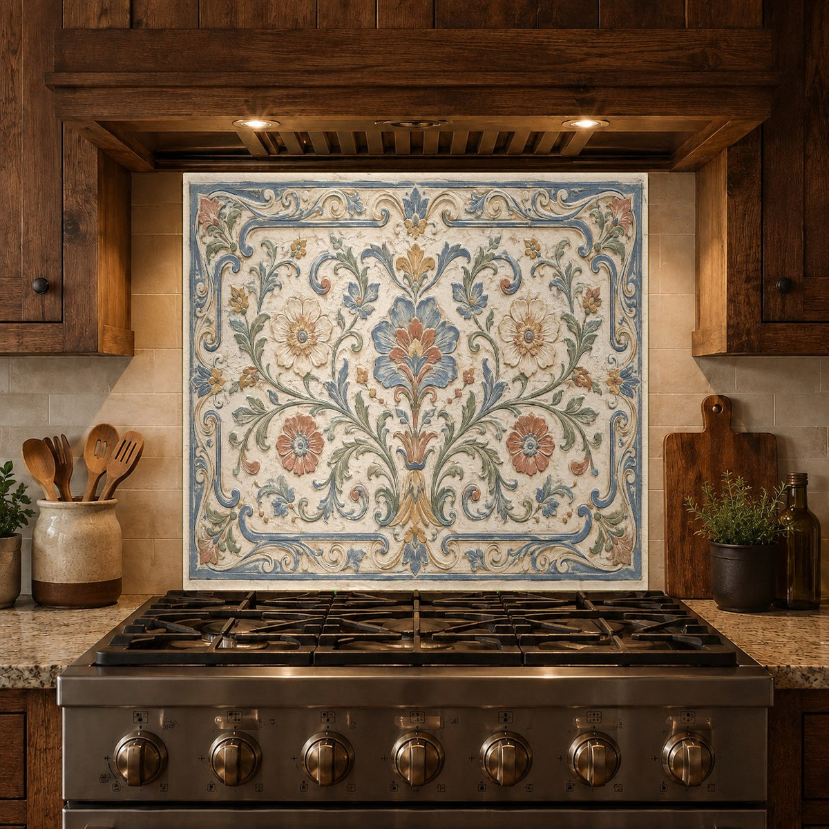 Custom size Mediterranean tile look glass backsplash panel installed behind a high-heat stove range.