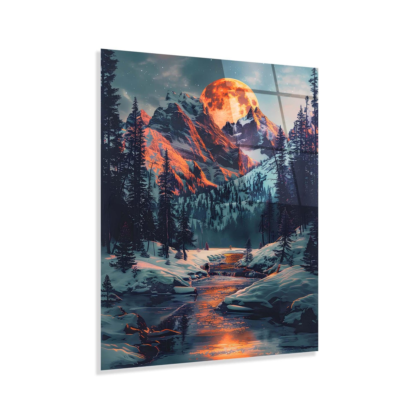 Framed artwork of a mountain landscape with a glowing moon.