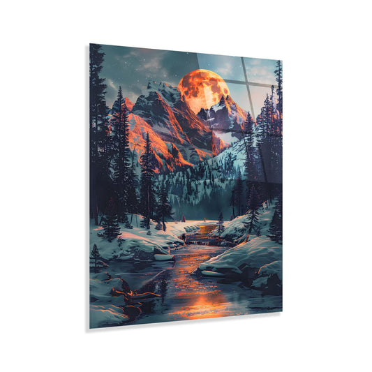 Framed artwork of a mountain landscape with a glowing moon.