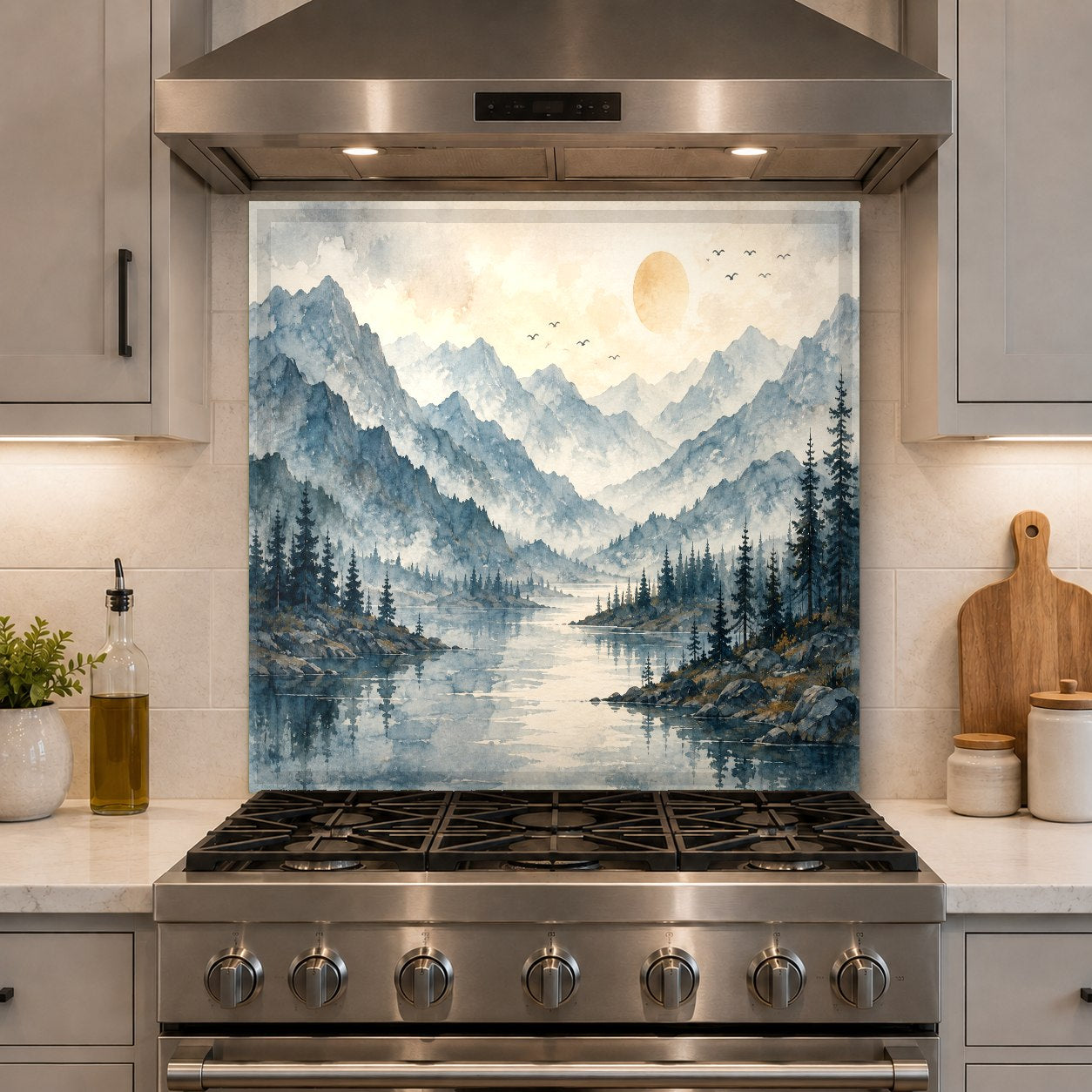 Elegant kitchen island accent wall featuring a durable tempered glass backsplash with nature-inspired design.