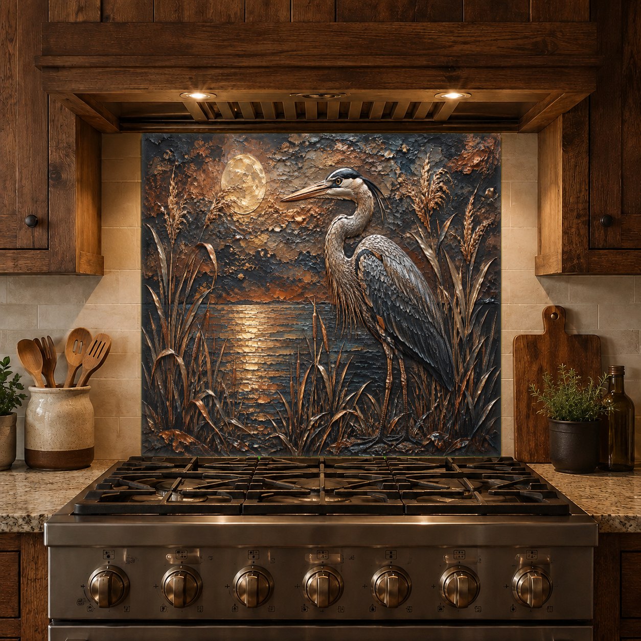Modern kitchen featuring a seamless, grout-free glass stove guard with a majestic heron under the moonlight.