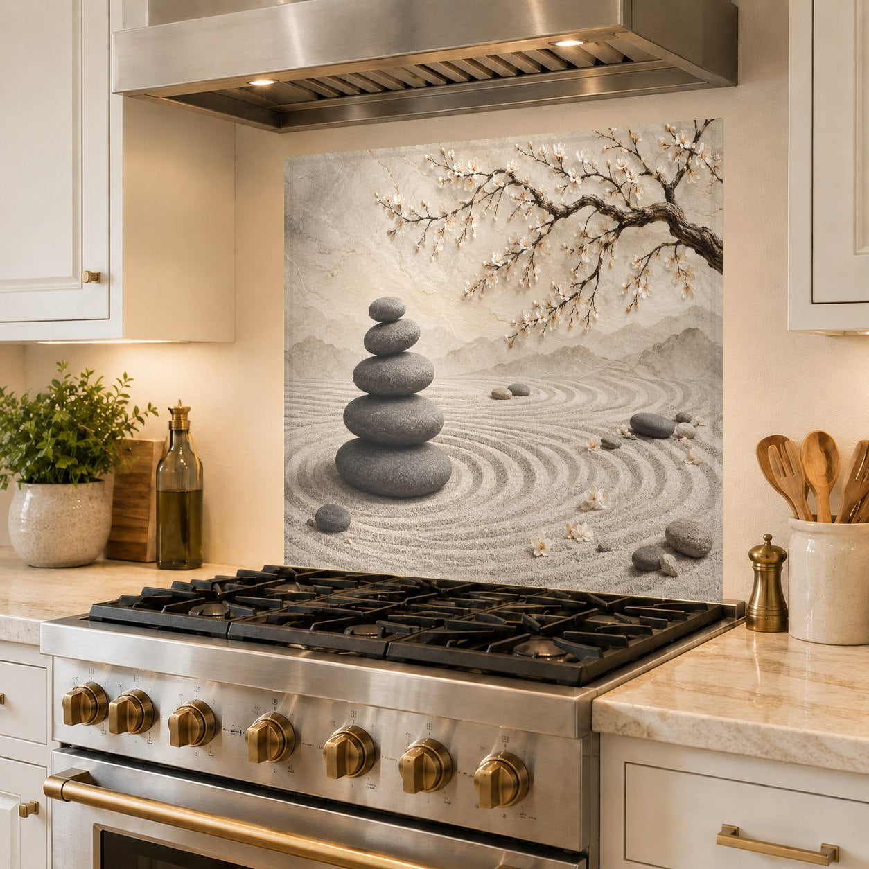 Zen-inspired cherry blossom tempered glass panel serving as a stylish backsplash for a home wet bar.