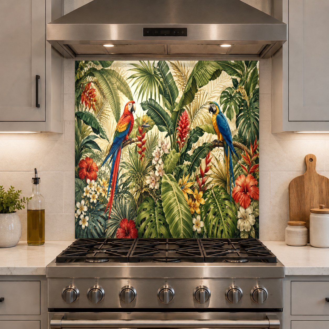 Close-up of tropical parrots design on a heat-resistant glass kitchen backsplash
