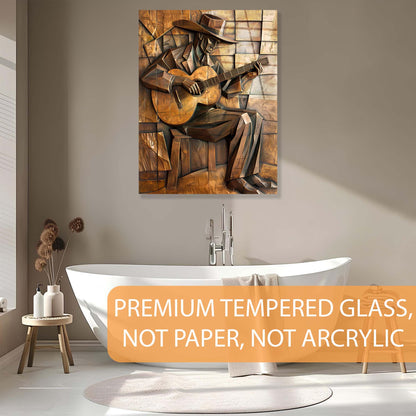 Wooden wall art of a man playing guitar in a modern bathroom setting.