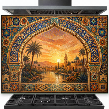 Sunset Oasis tempered glass backsplash installed behind a modern gas stove in a warm bohemian kitchen.