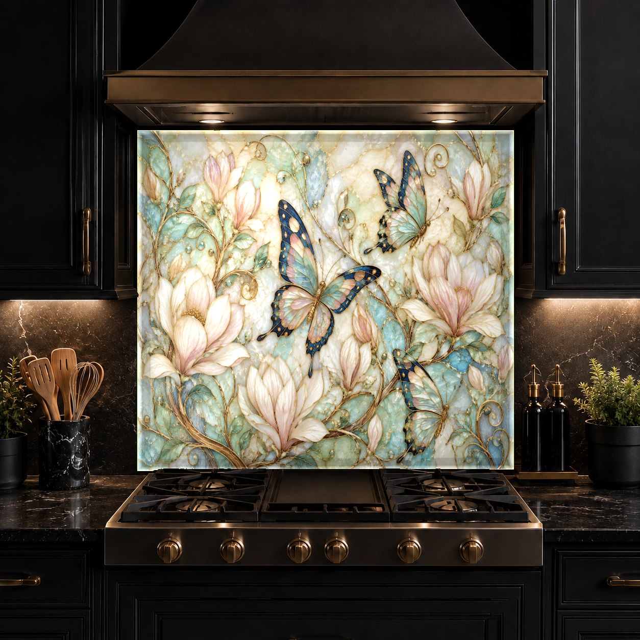 Colorful butterfly tempered glass backsplash protecting stove wall