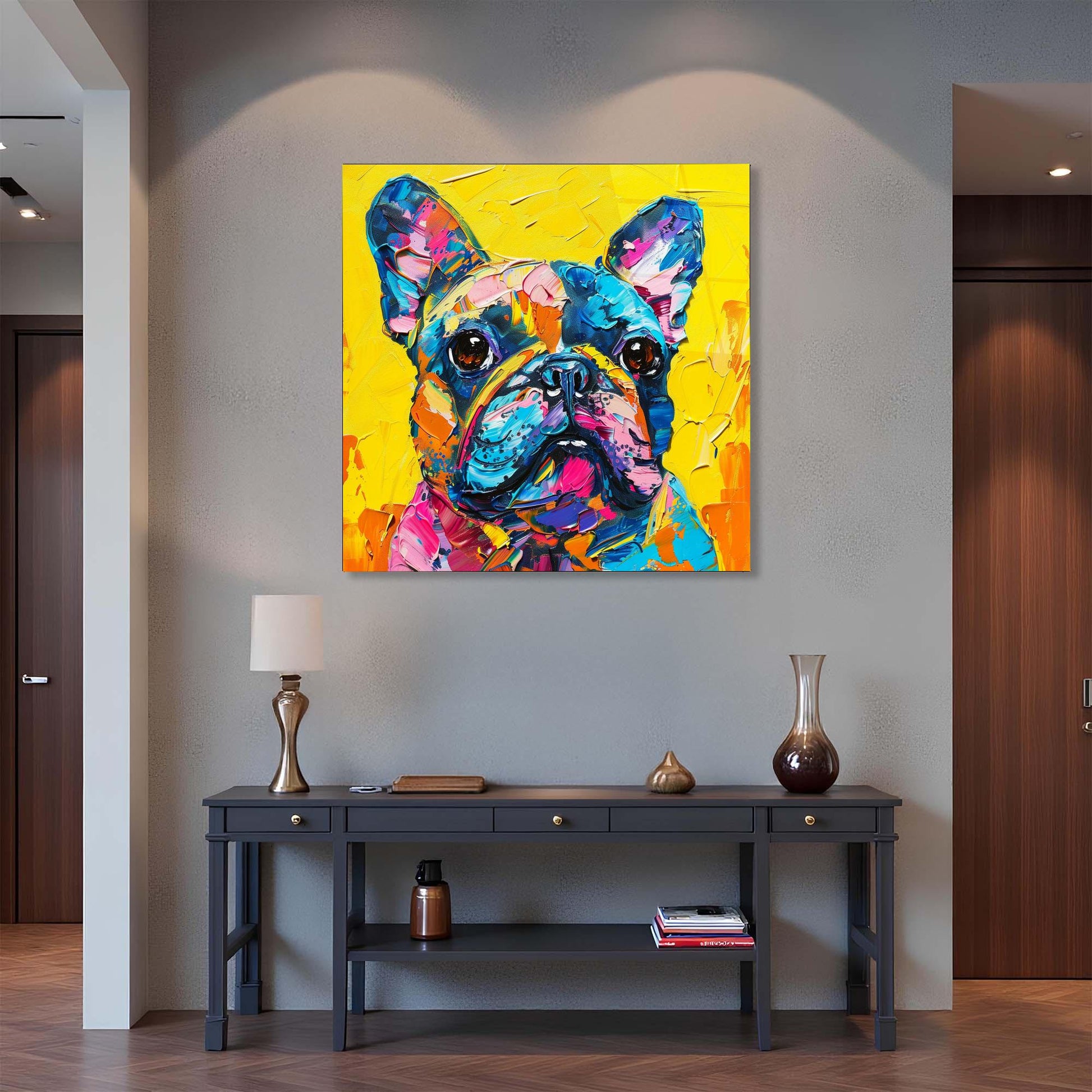 Colorful painting of a dog on a wall above a dark wooden console table.