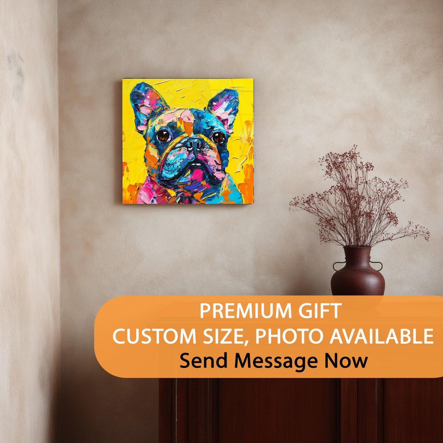 Colorful dog painting on a wall with a vase below