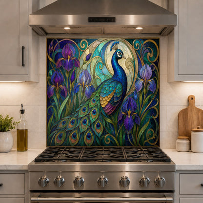 Peacock theme kitchen glass backsplash installed on a kitchen island wall