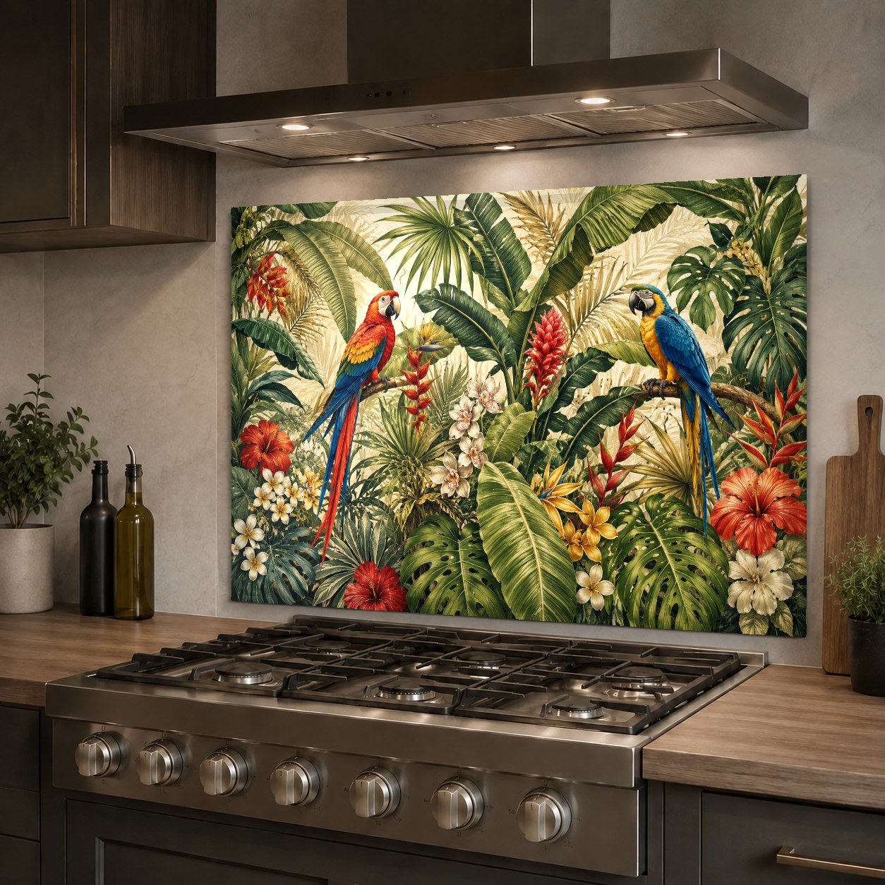 Colorful parrot kitchen glass backsplash protecting the main sink wall