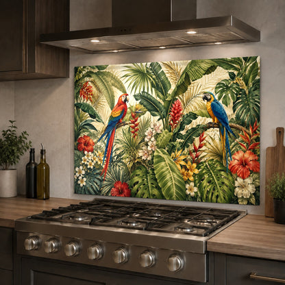 Colorful parrot kitchen glass backsplash protecting the main sink wall