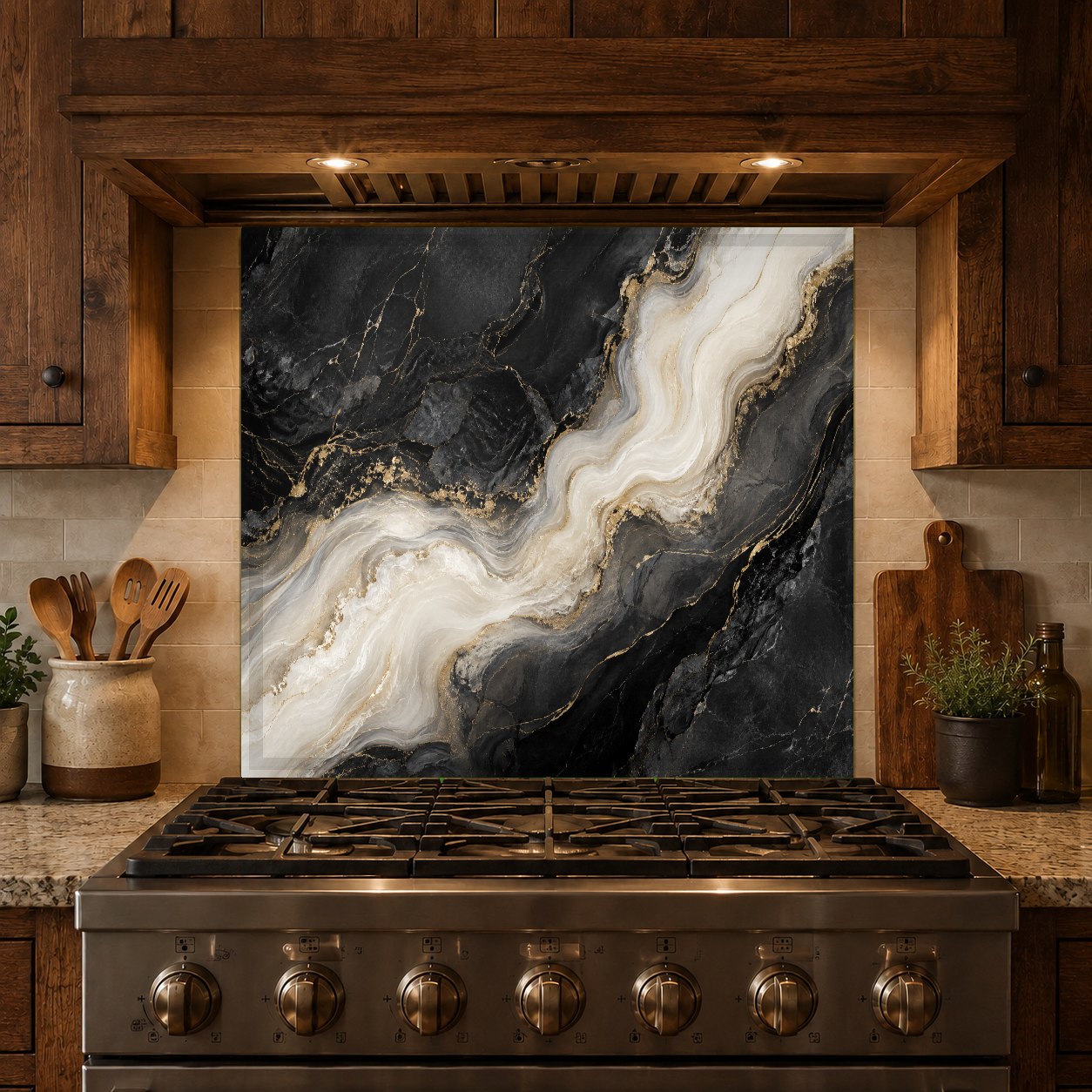 Custom size white marble look kitchen glass backsplash panel setup