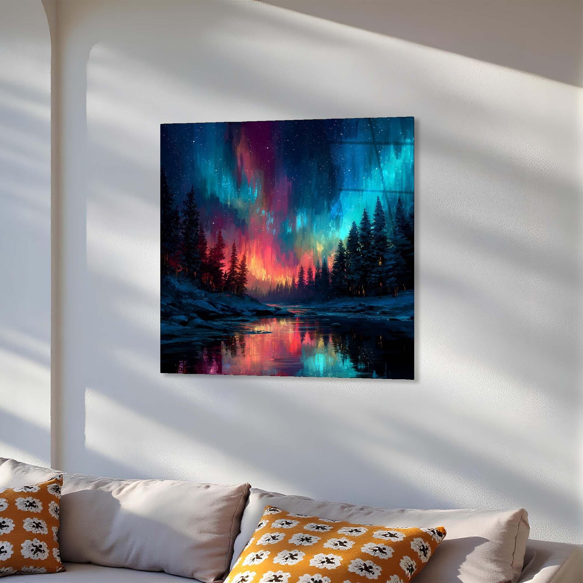 Framed artwork of a colorful Northern Lights over a forest scene on a white wall above a sofa.