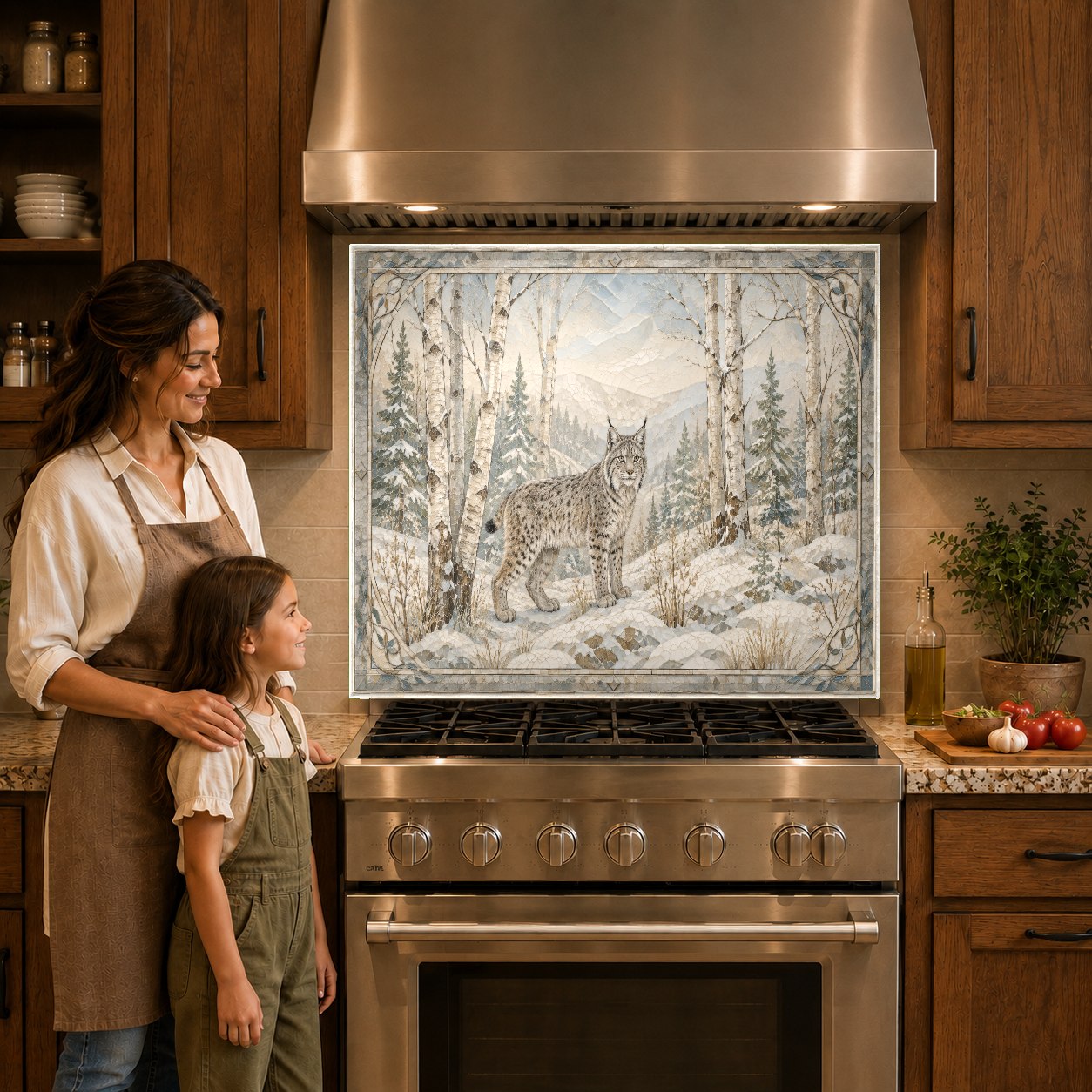 Snowy forest and fox glass backsplash panel behind gas cooktop
