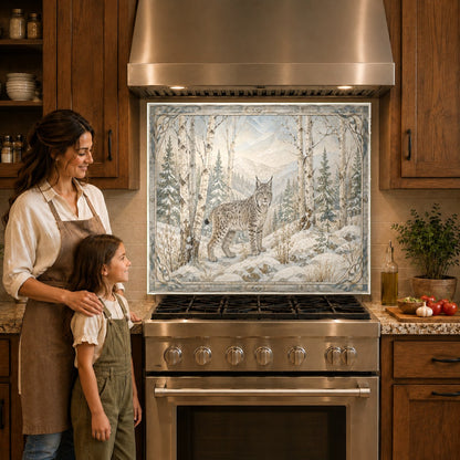 Snowy forest and fox glass backsplash panel behind gas cooktop
