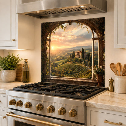 Tempered glass kitchen backsplash featuring sunset garden view installed on a clean sink wall