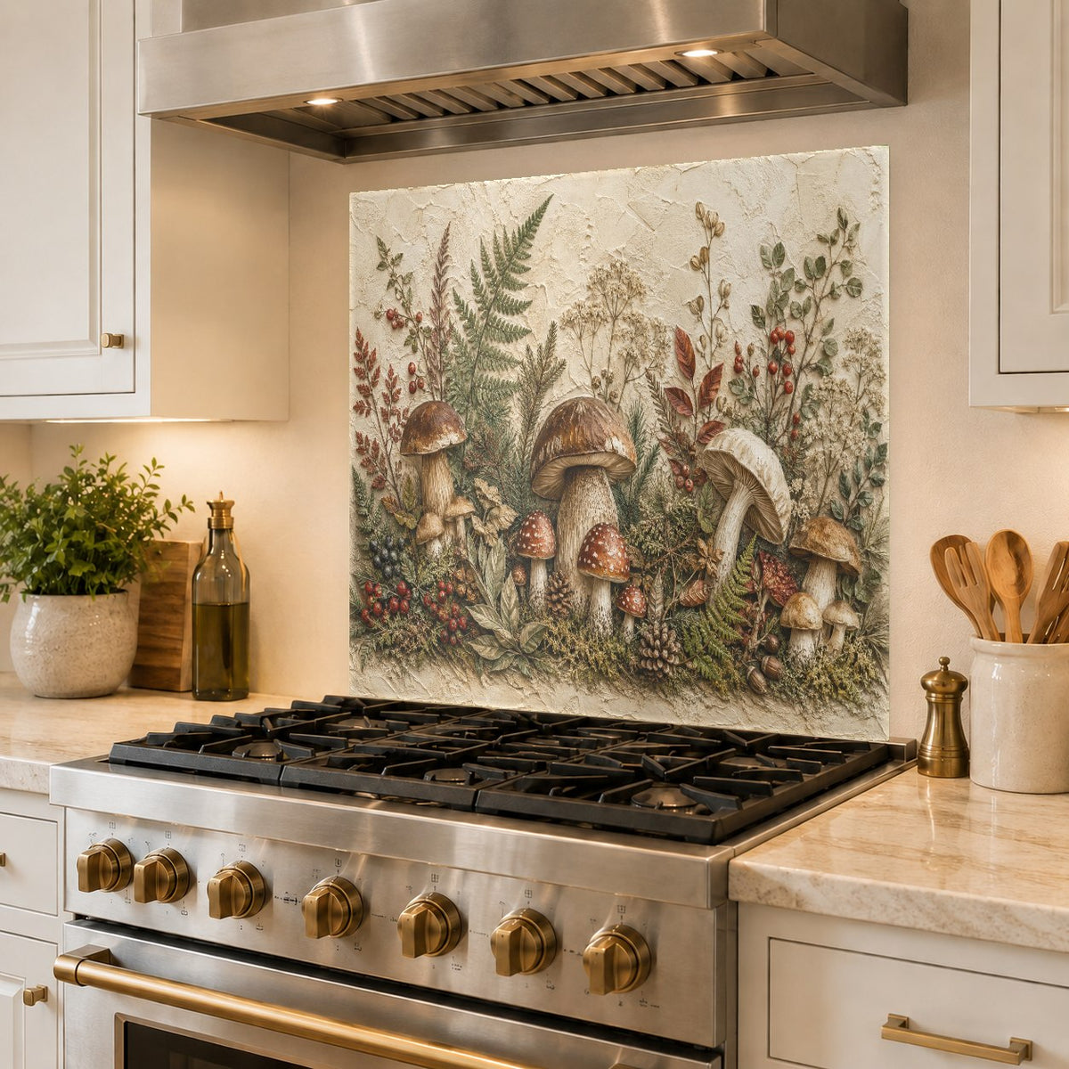 Mushroom Garden glass backsplash serving as a stunning focal point in a home bar area.