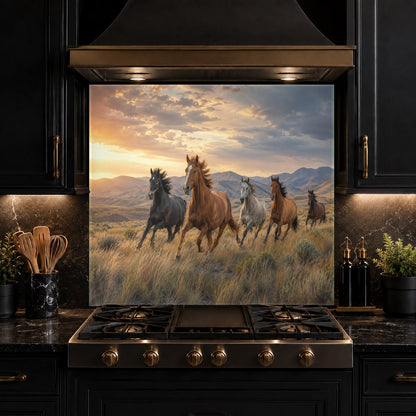 Country style kitchen featuring a majestic horses glass backsplash panel above the range.