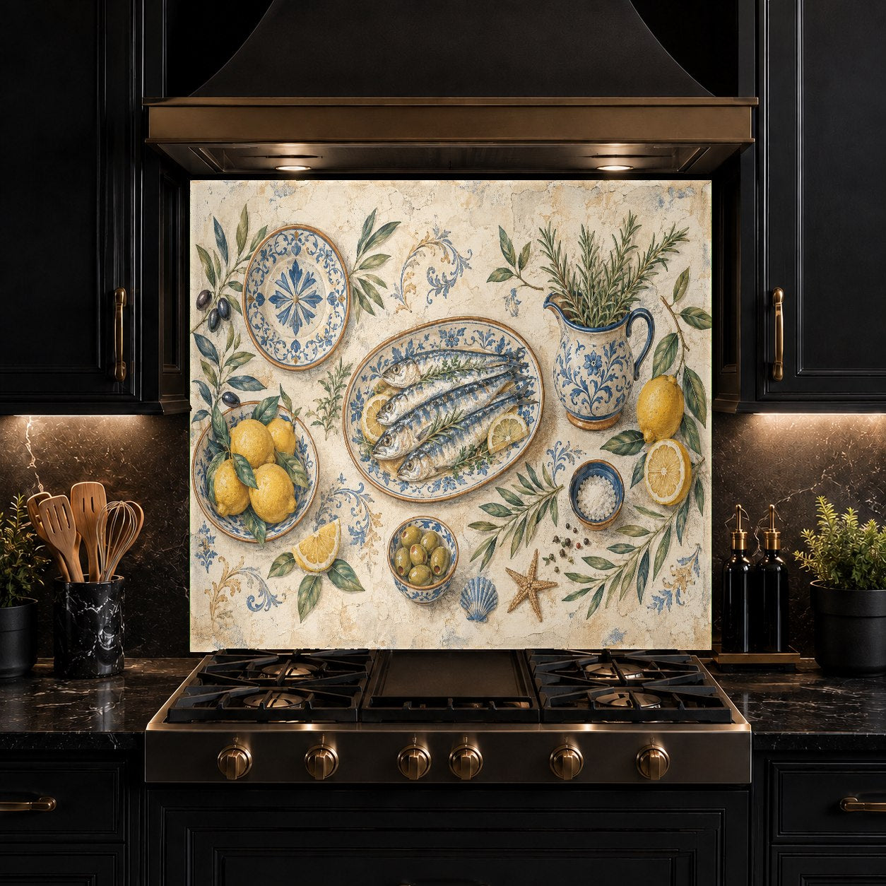 Mediterranean-style lemon fish glass backsplash panel serving as a colorful accent behind a home bar sink.