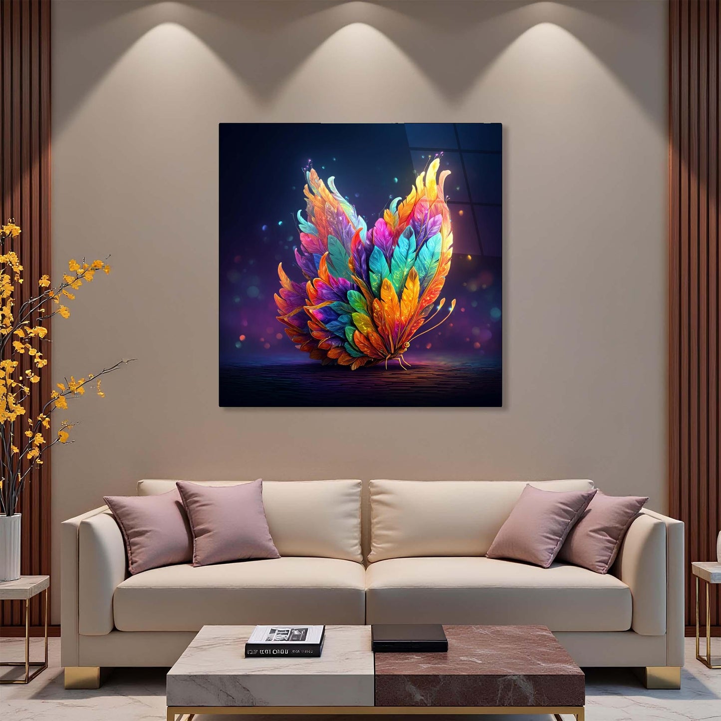 Colorful abstract painting of feathers on a wall above a beige sofa.