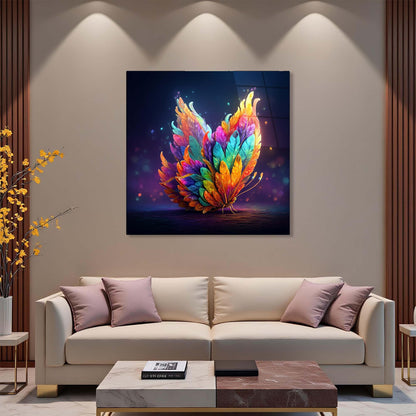 Colorful abstract painting of feathers on a wall above a beige sofa.