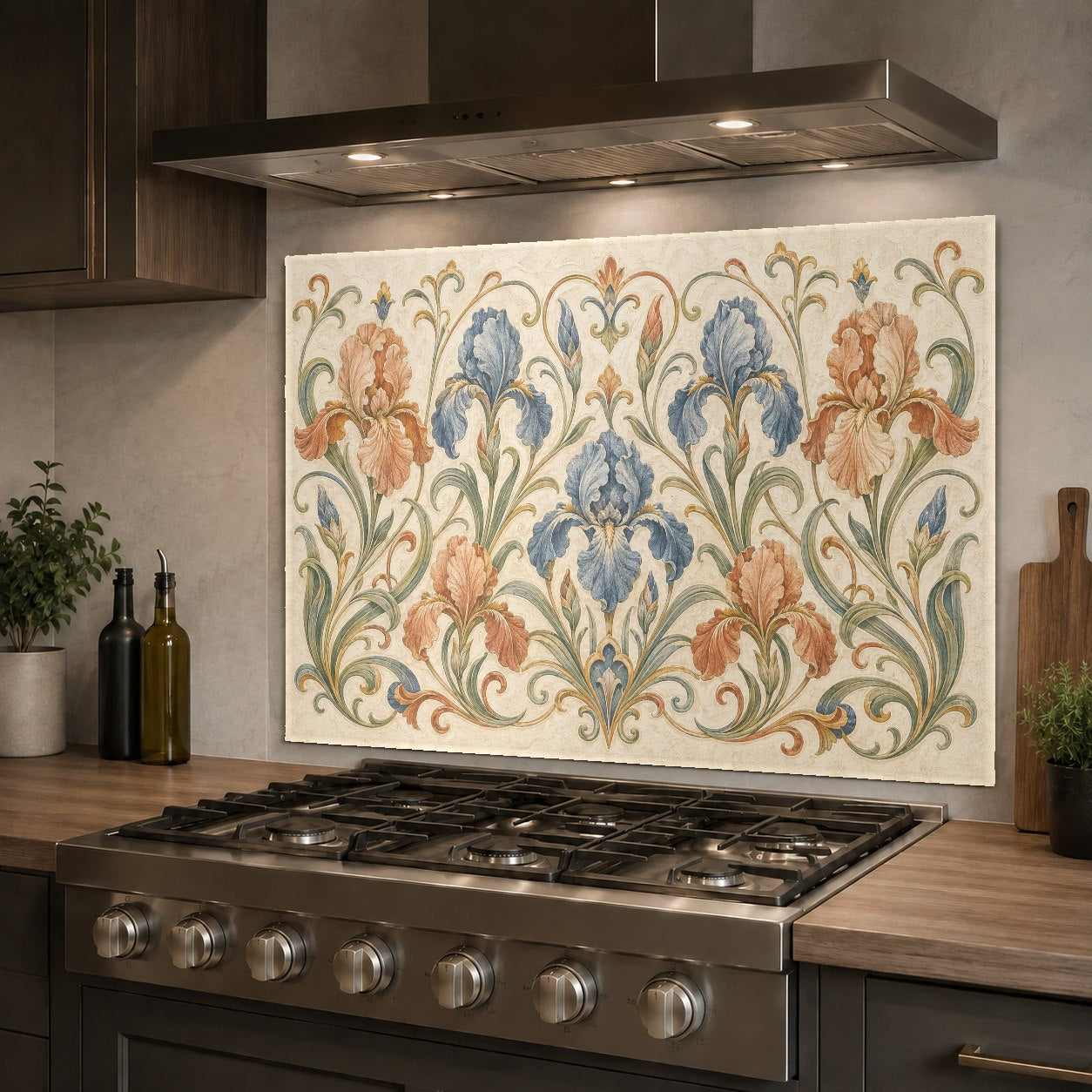 Close-up of the heat-resistant floral beige glass stove splash guard in a bright kitchen.