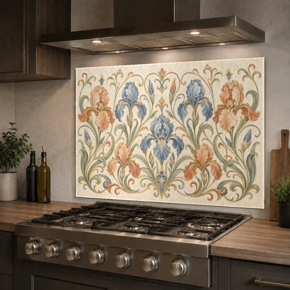 Close-up of the heat-resistant floral beige glass stove splash guard in a bright kitchen.