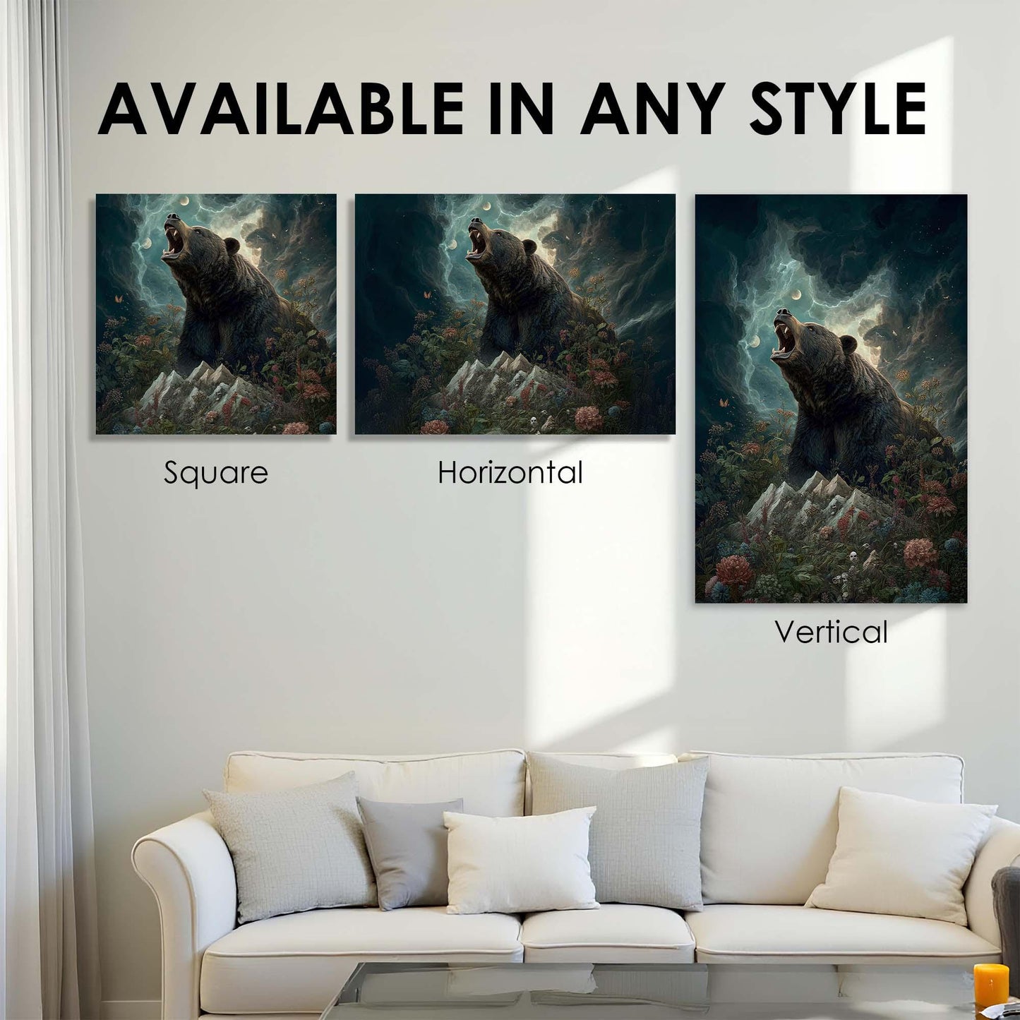 Three bear artworks displayed on a wall above a sofa with text 'Available in any style'.
