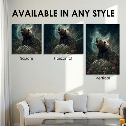 Three bear artworks displayed on a wall above a sofa with text 'Available in any style'.