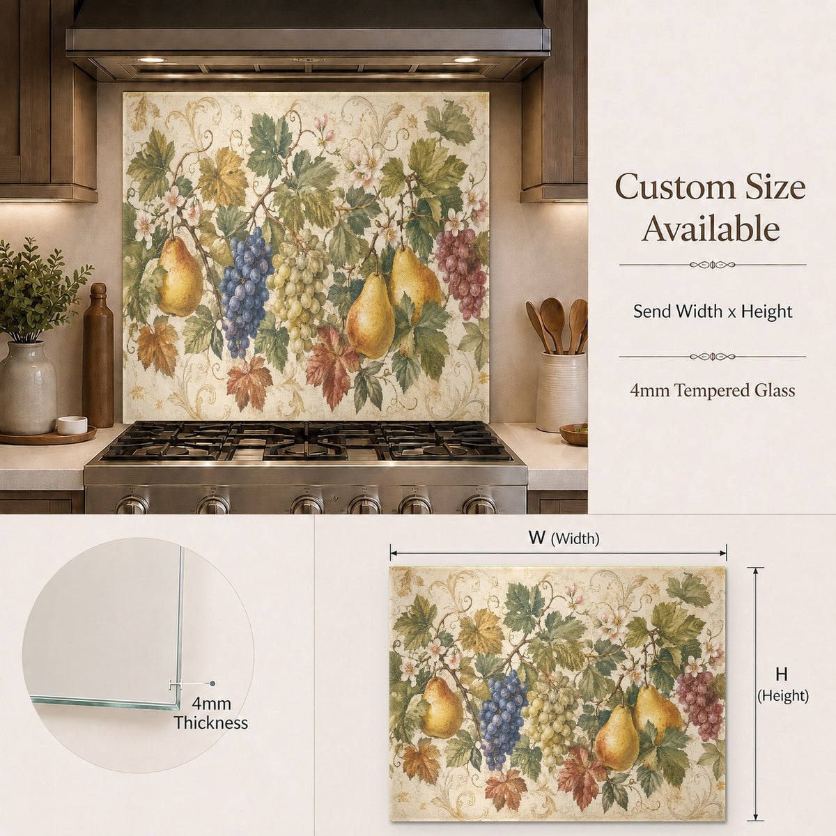 Durable tempered glass kitchen panel with fruit pattern acting as a grease guard behind a range stove.